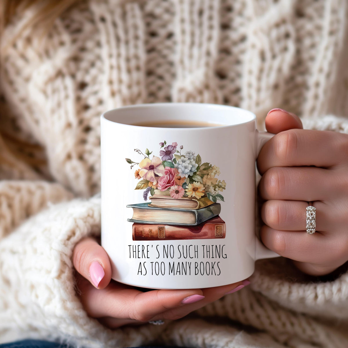 There Is No Such Thing As Too Many Books Mug, Personalized Floral Bookworm Coffee Mug