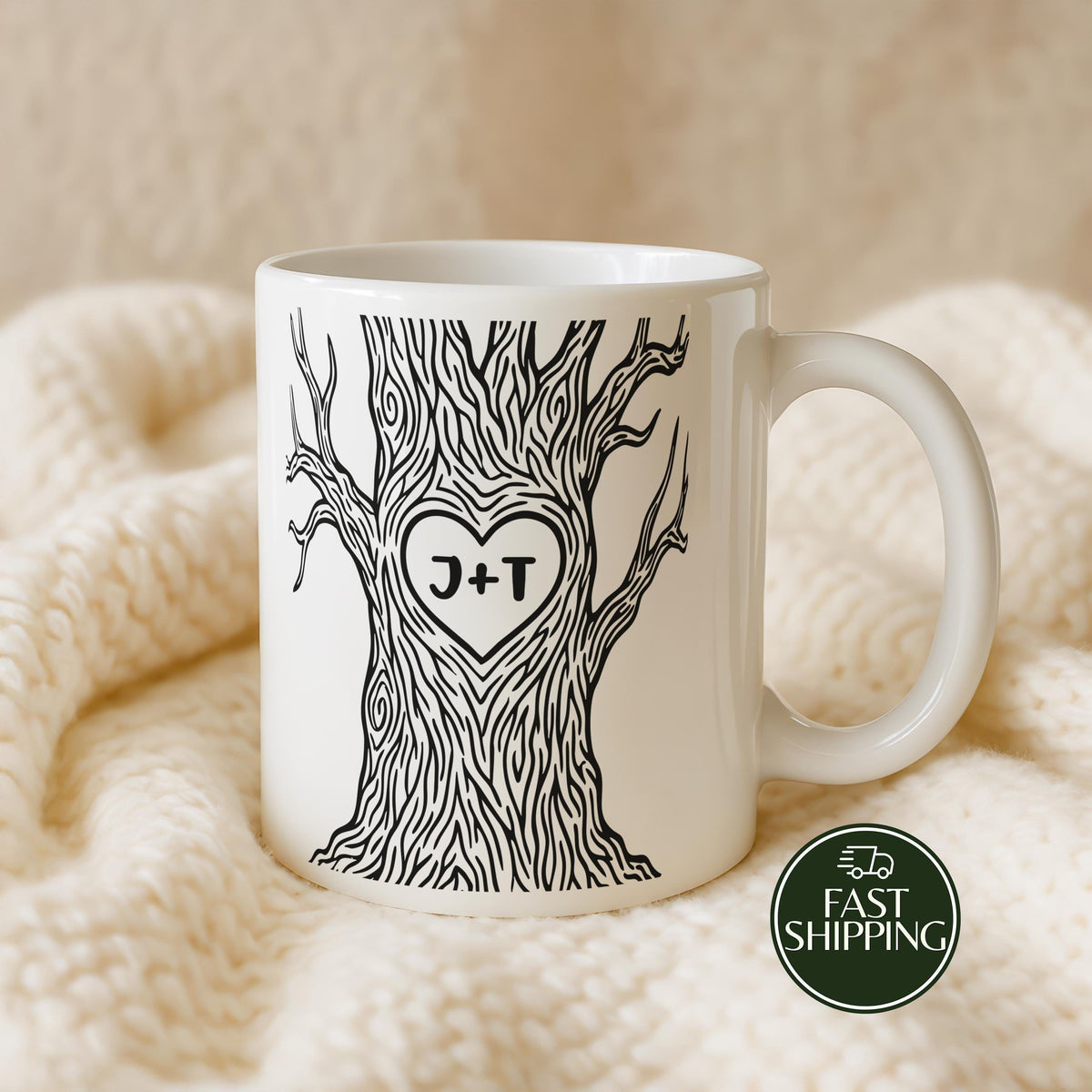 Custom Heart Tree Initials Coffee Mug, Newlyweds Matching Ceramic Cup