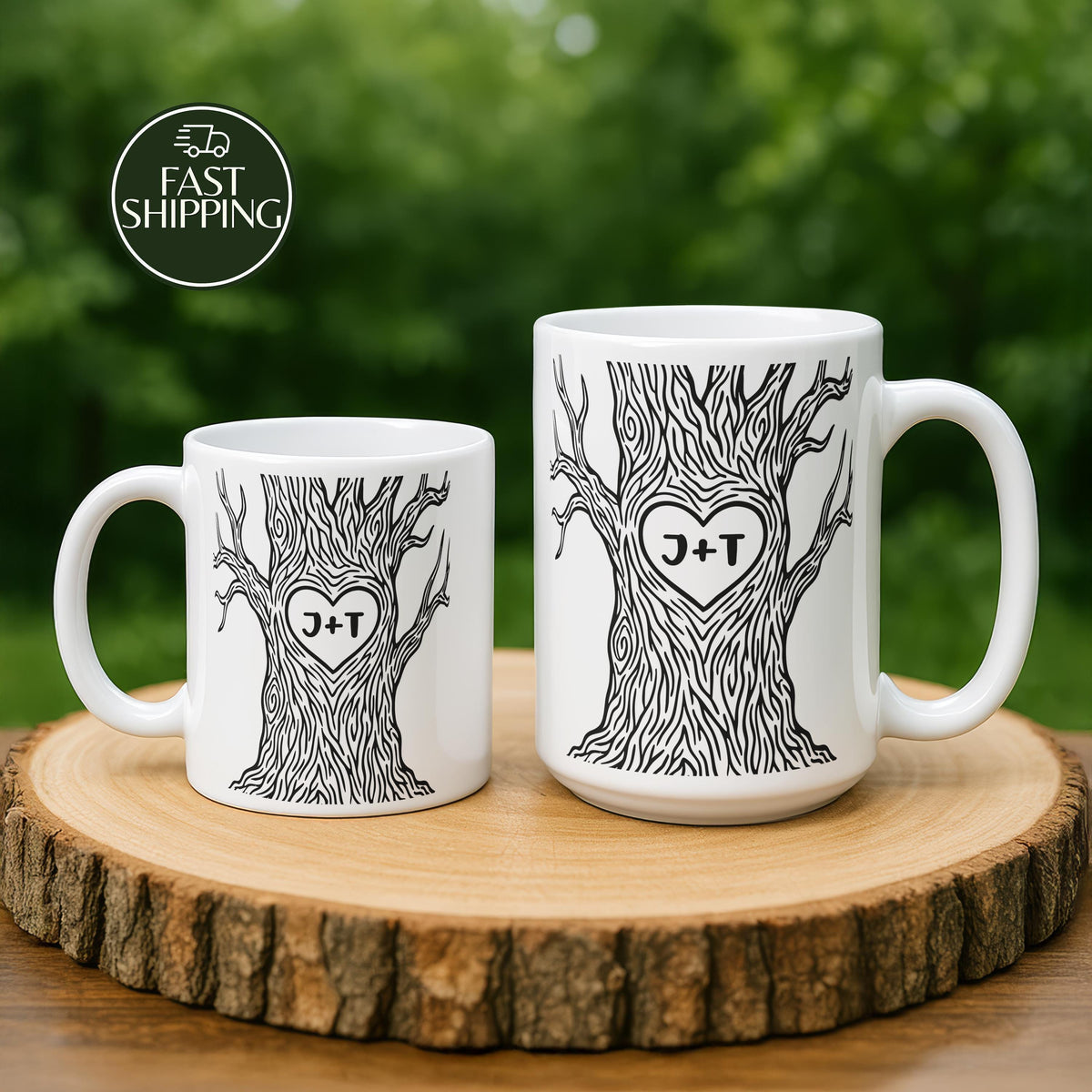 Custom Heart Tree Initials Coffee Mug, Newlyweds Matching Ceramic Cup