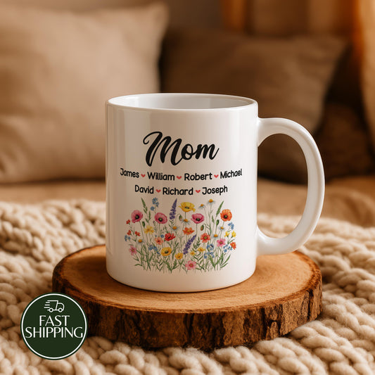 Personalized Kids Name Mom Coffee Mug, Floral Aesthetic Ceramic Cup for Mom, Mother's Day Gift