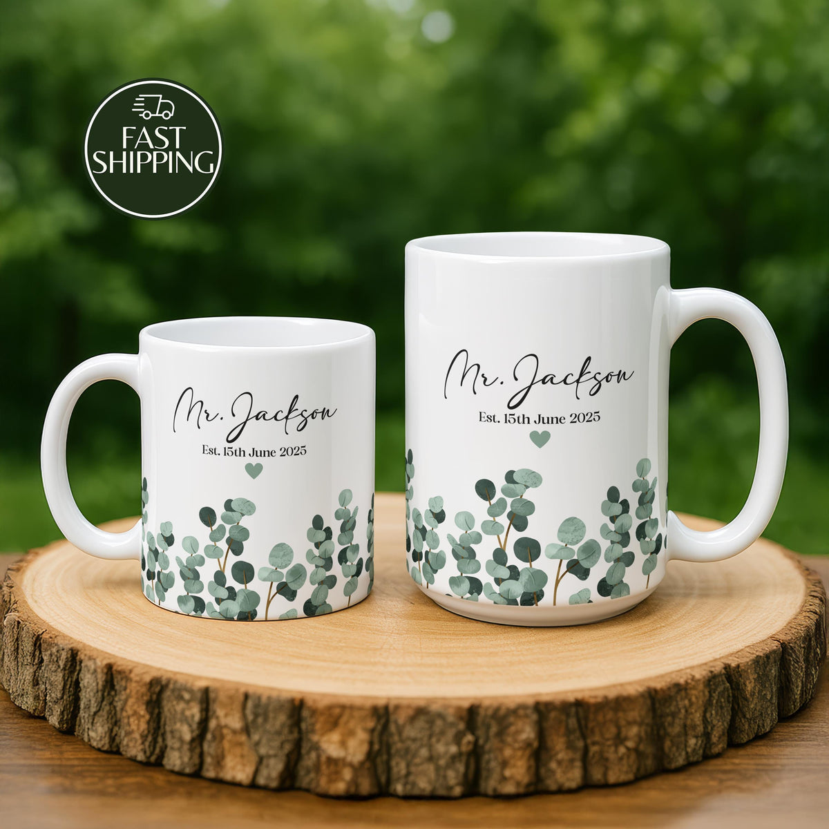 Custom Name & Date Anniversary Ceramic Cup, Eucalyptus Leaves Coffee Mug, Boho Wedding Est Gift