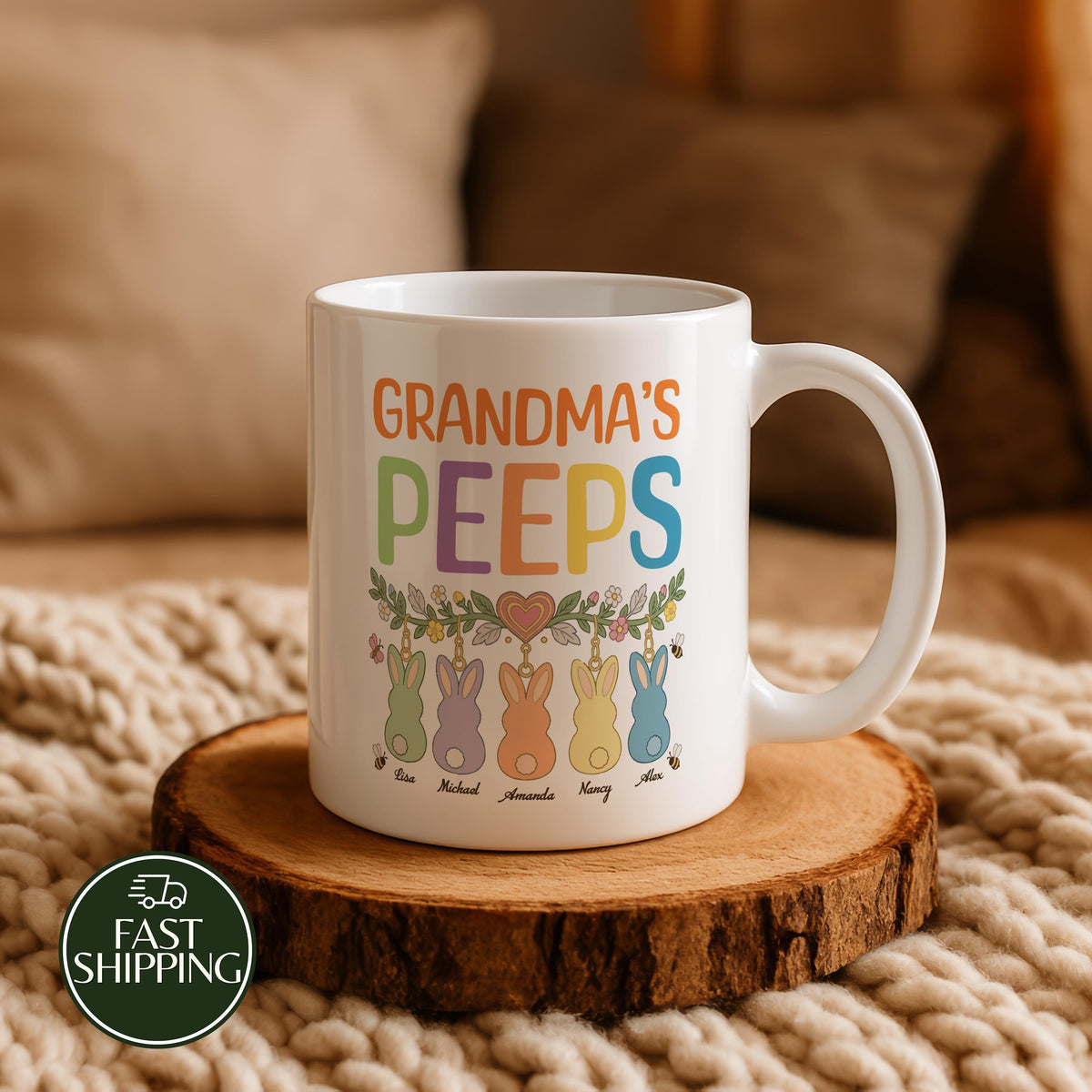 Personalized Boho Floral Grandma's Peeps Ceramic Mug, Colorful Retro Easter Coffee Cup