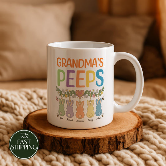 Personalized Boho Floral Grandma's Peeps Ceramic Mug, Colorful Retro Easter Coffee Cup