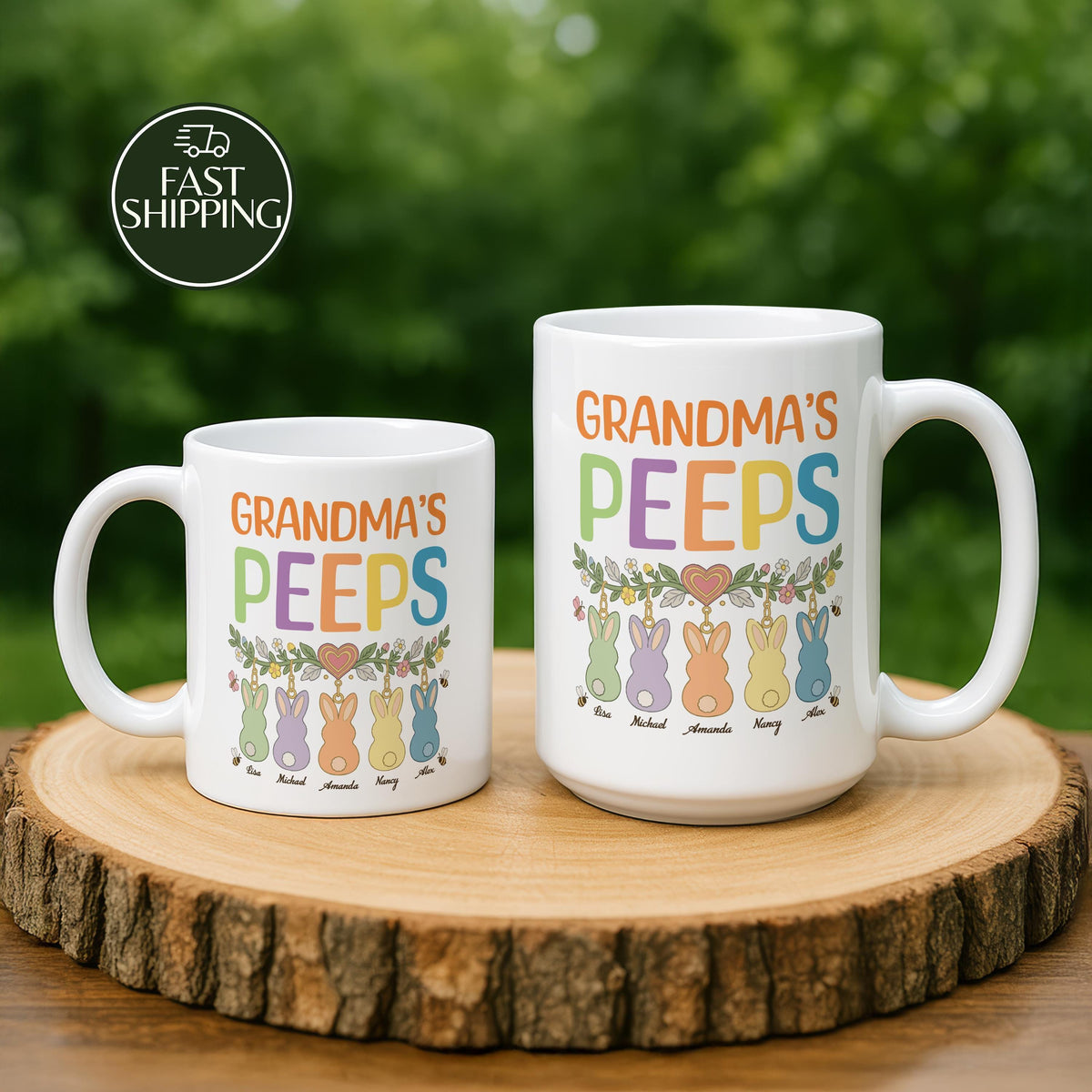 Personalized Boho Floral Grandma's Peeps Ceramic Mug, Colorful Retro Easter Coffee Cup