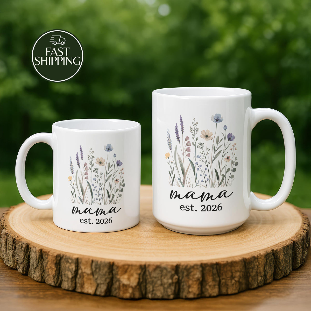 Custom Established Date Mama Coffee Mug, Wildflower Meadow Ceramic Cup