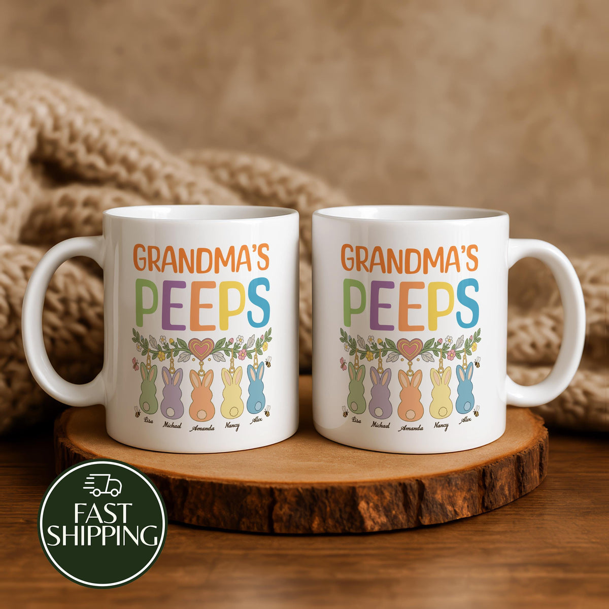 Personalized Boho Floral Grandma's Peeps Ceramic Mug, Colorful Retro Easter Coffee Cup