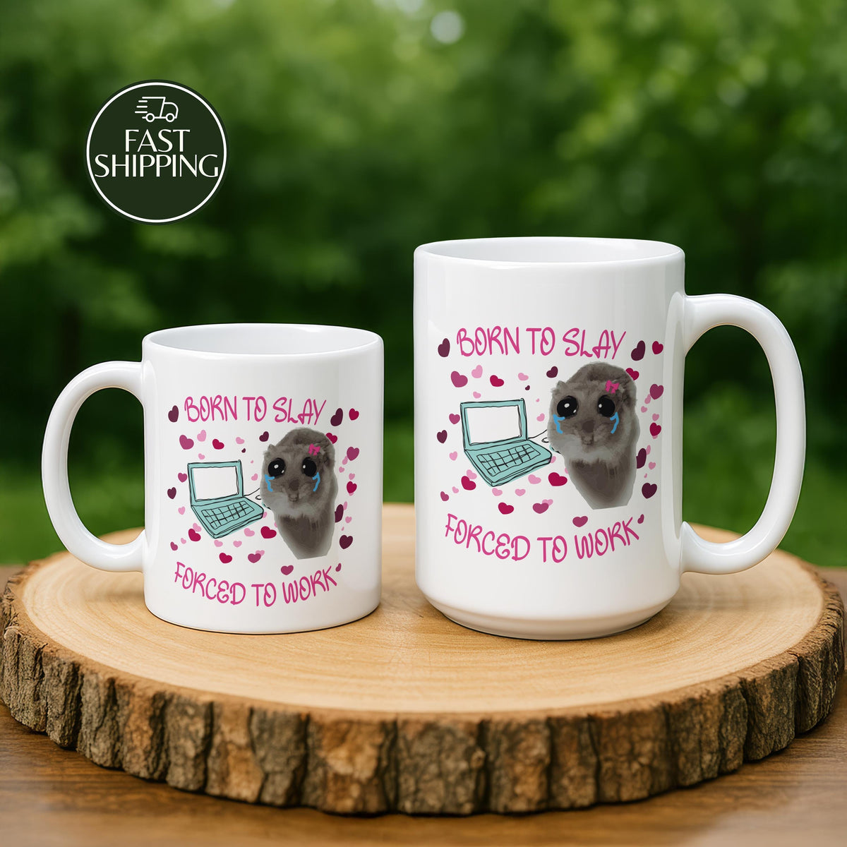 Born To Slay Forced To Work Coffee Mug, Sad Hamster Meme Ceramic Cup, Funny Office Humor Gift