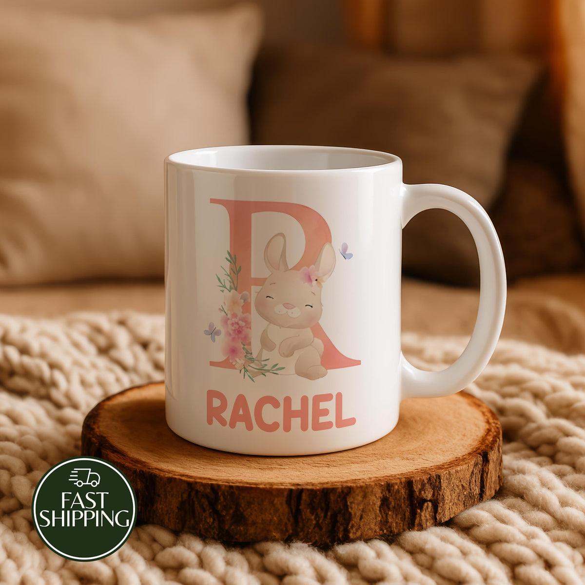 Custom Name & Initial Easter Coffee Mug, Personalized Cute Bunny Design Ceramic Cup
