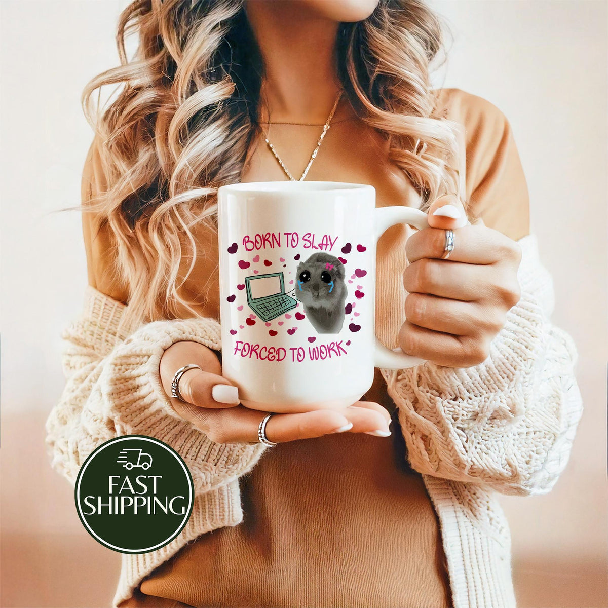 Born To Slay Forced To Work Coffee Mug, Sad Hamster Meme Ceramic Cup, Funny Office Humor Gift