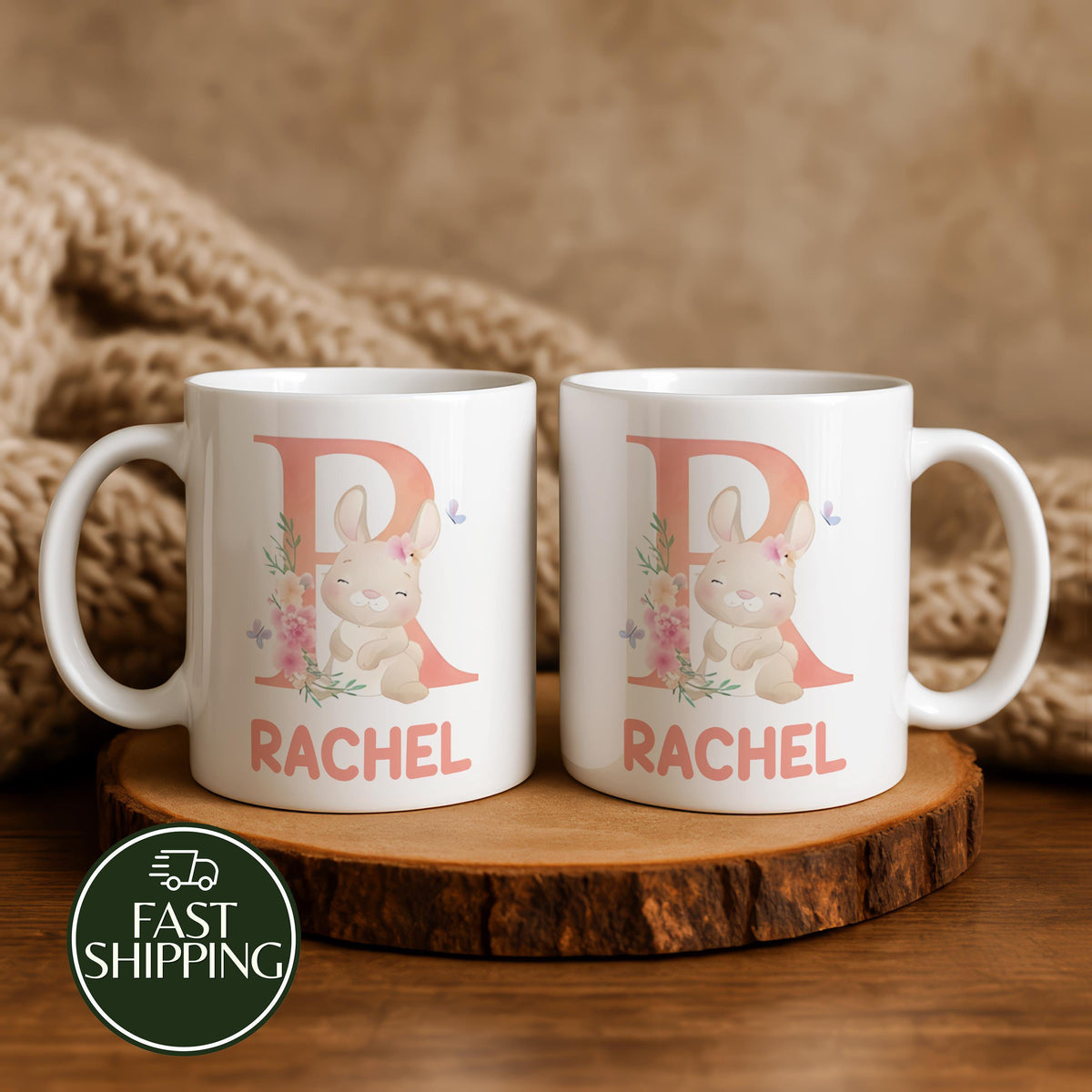 Custom Name & Initial Easter Coffee Mug, Personalized Cute Bunny Design Ceramic Cup