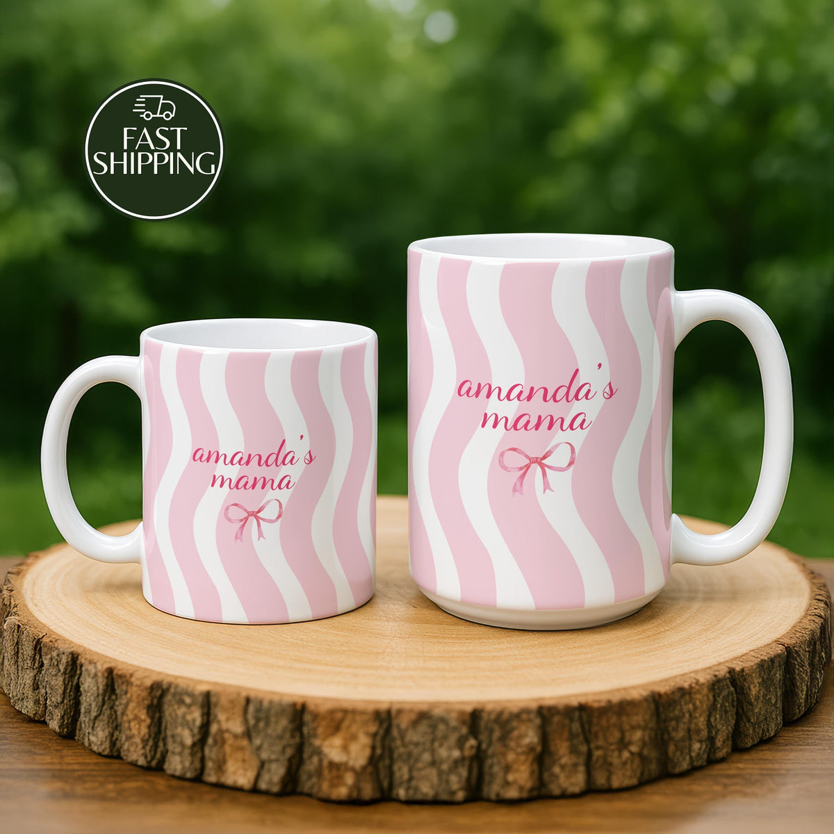 Custom Name Striped Mama Ceramic Mug, Personalized Mom Coffee Cup with Ribbon