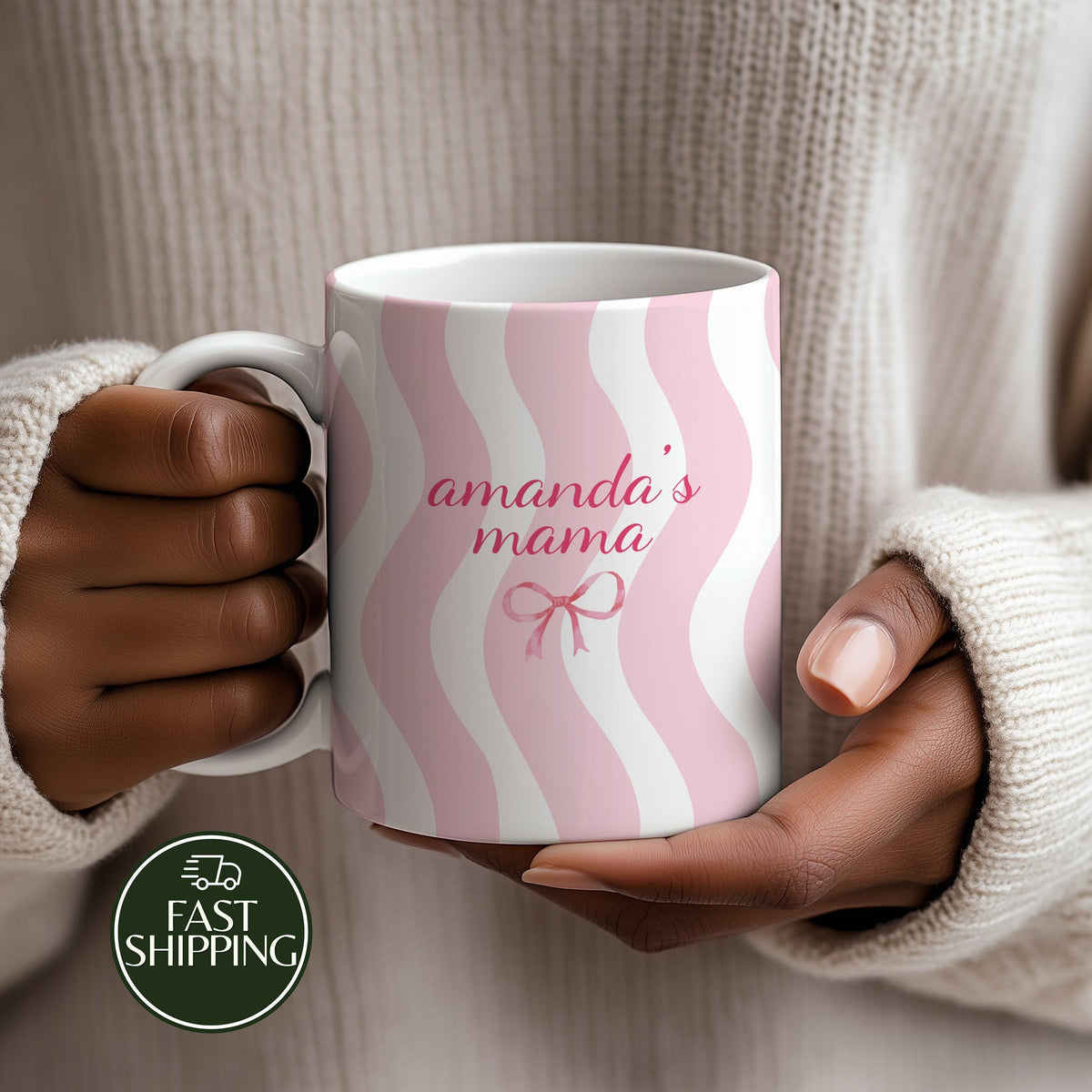 Custom Name Striped Mama Ceramic Mug, Personalized Mom Coffee Cup with Ribbon