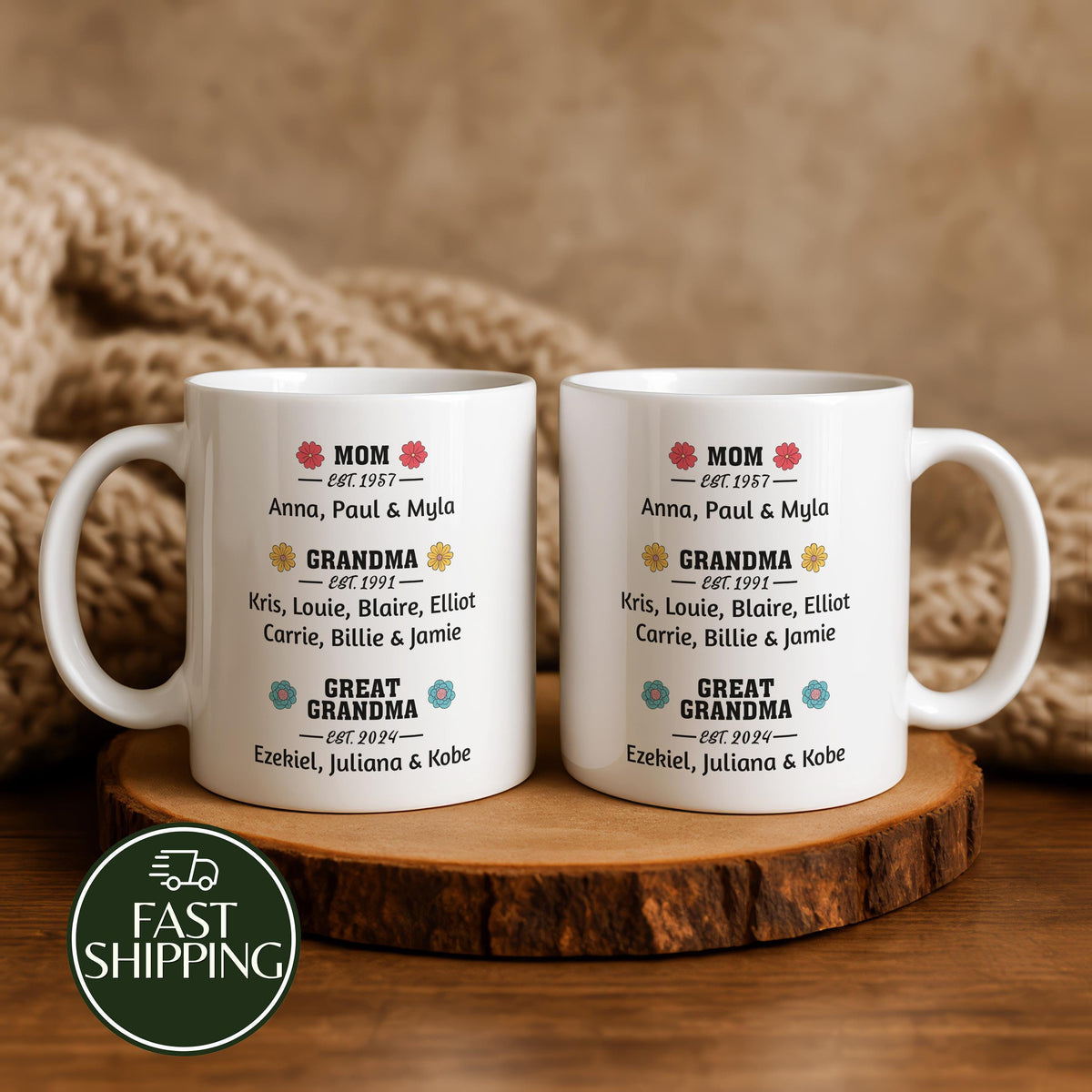 Personalized Mom Grandma Great Grandma Established Mug, Custom Family Tree Tribute Ceramic Cup