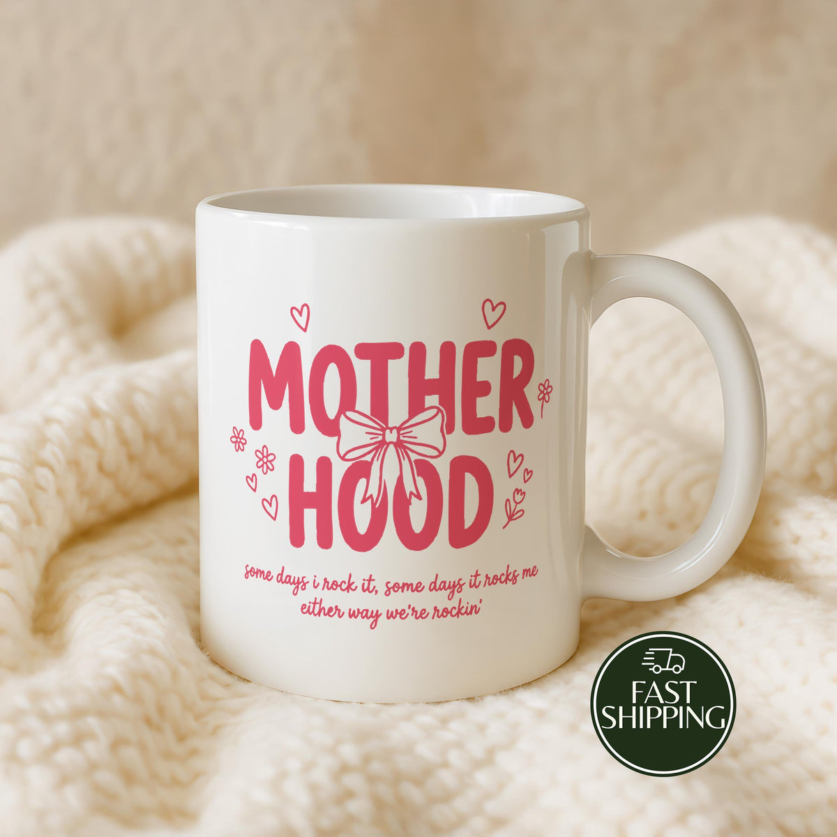 Funny Motherhood Quote Coffee Mug, Cute Pink Coquette Style Mama Cup