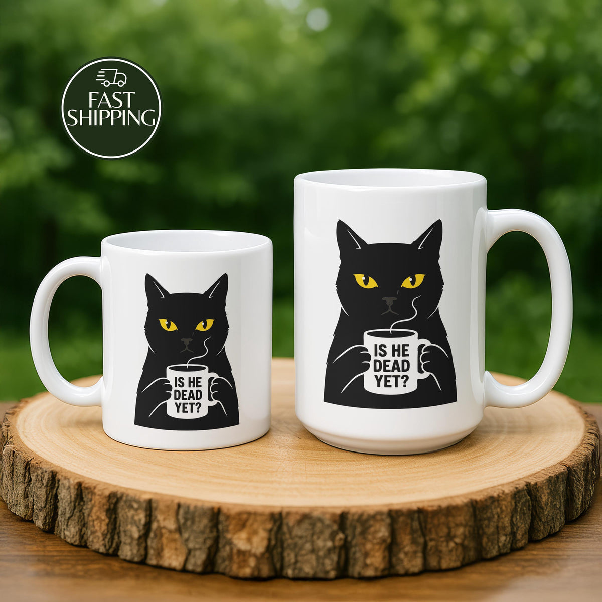 Is He Dead Yet Funny Black Cat Coffee Mug, Sarcastic Grumpy Kitten Ceramic Tea Cup