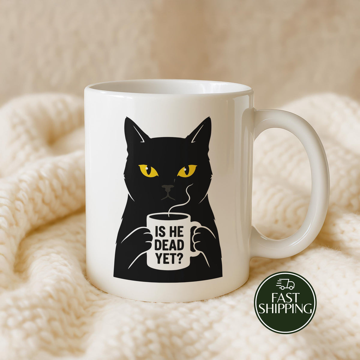 Is He Dead Yet Funny Black Cat Coffee Mug, Sarcastic Grumpy Kitten Ceramic Tea Cup