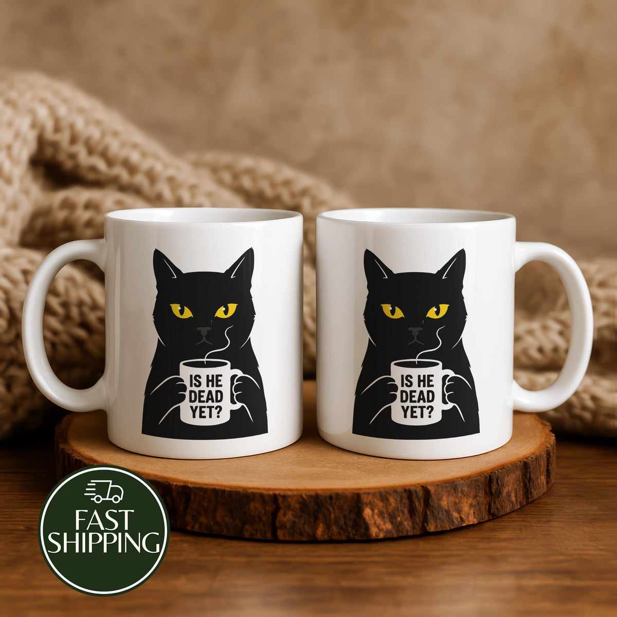 Is He Dead Yet Funny Black Cat Coffee Mug, Sarcastic Grumpy Kitten Ceramic Tea Cup