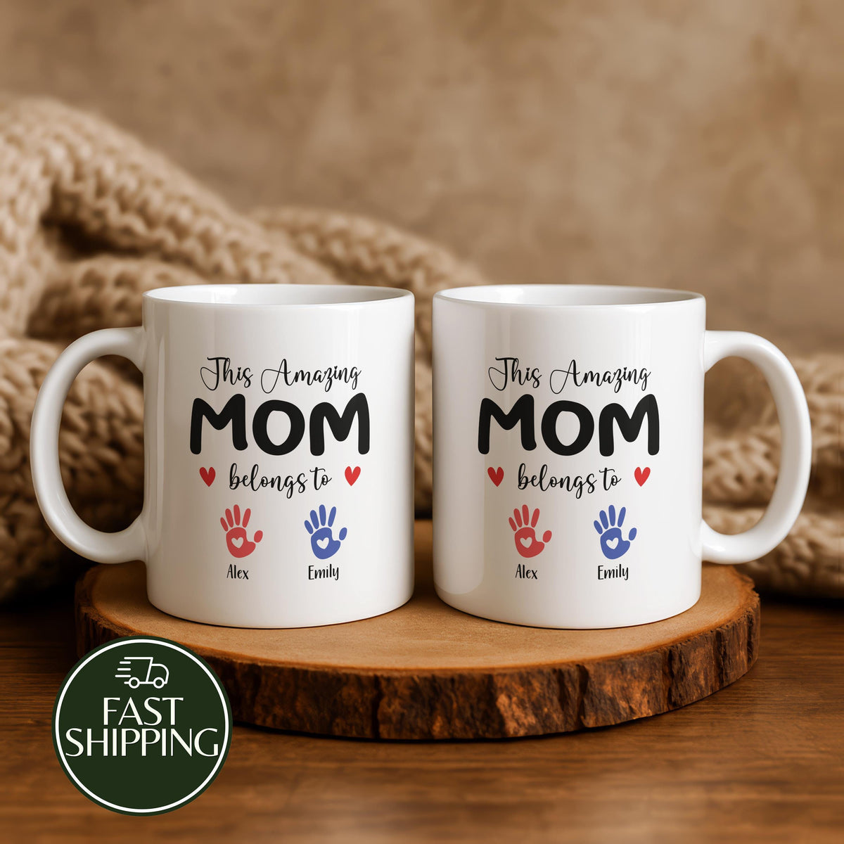 Custom Name This Amazing Mom Belongs To Mug, Colorful Kids Handprints Design Coffee Cup