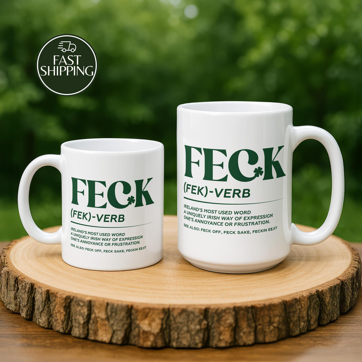 Feck Verb Definition Coffee Mug, Funny Irish Saying Ceramic Cup, Lucky Shamrock Clover Mug