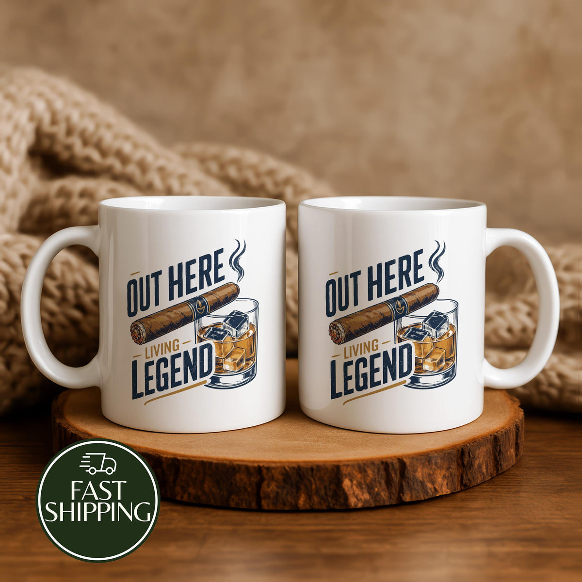 Out Here Living Legend Coffee Mug, Cigar and Whiskey Design Ceramic Cup