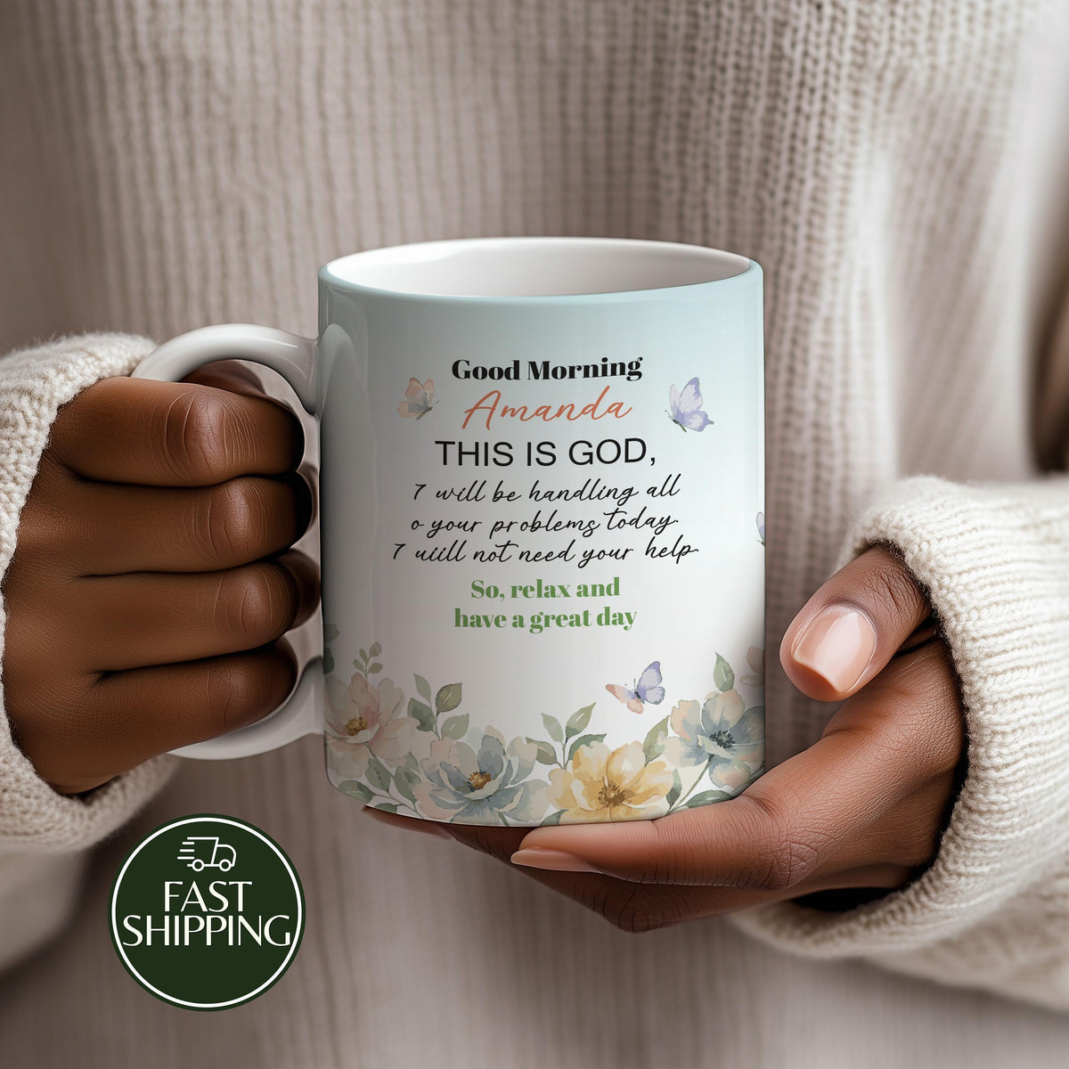 Custom Name Inspirational God Quote Coffee Mug, Motivational Religious Floral Ceramic Cup