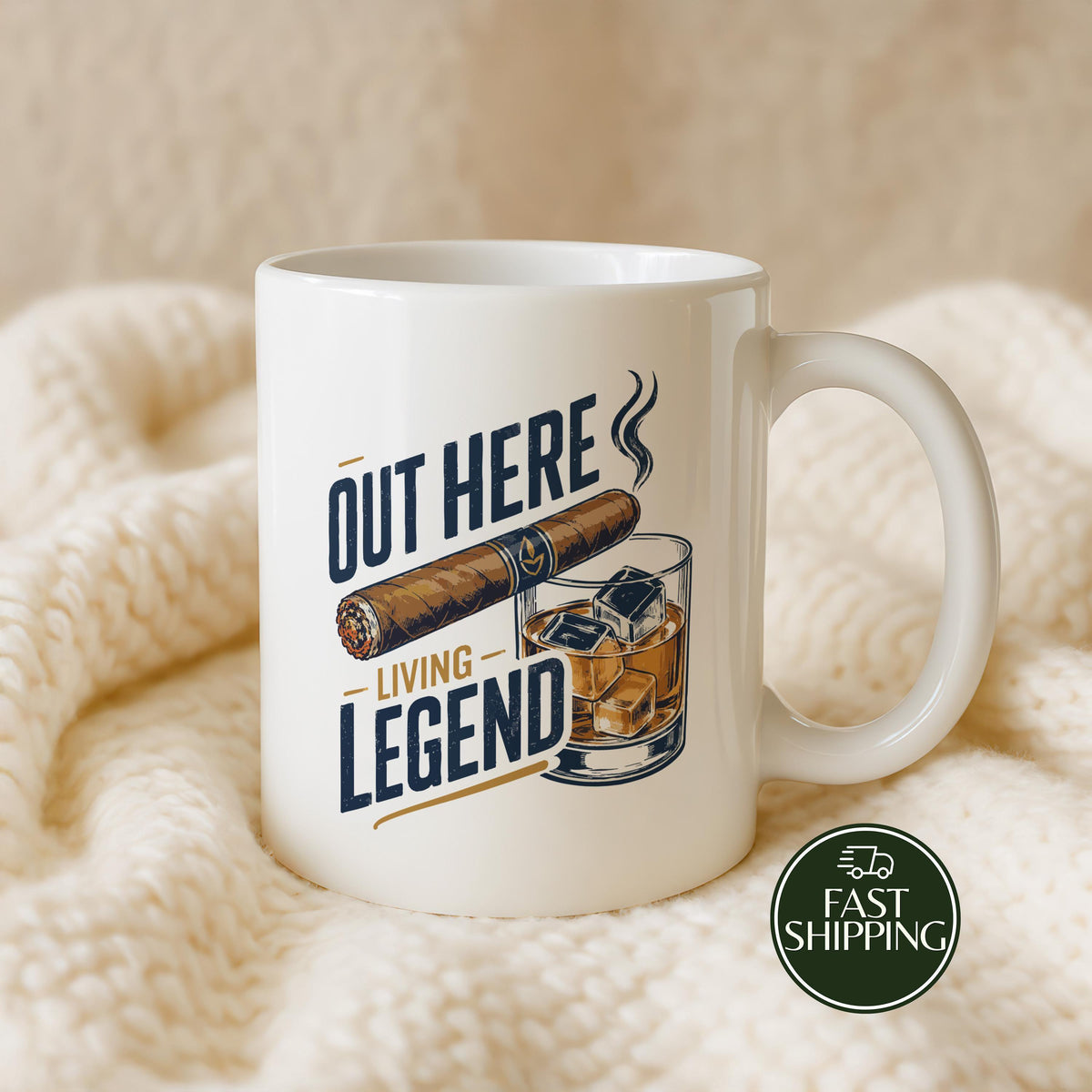 Out Here Living Legend Coffee Mug, Cigar and Whiskey Design Ceramic Cup