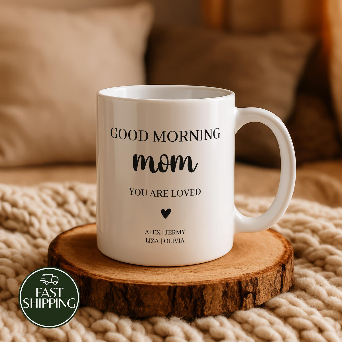 Custom Good Morning Mom You Are Loved Mug, Personalized Children Names Ceramic Cup