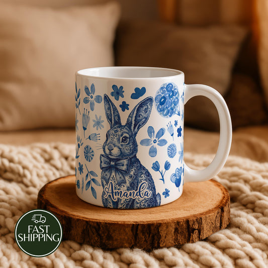 Custom Name Watercolor Blue Bunny Coffee Mug, Personalized Watercolor Design Floral Easter Cup