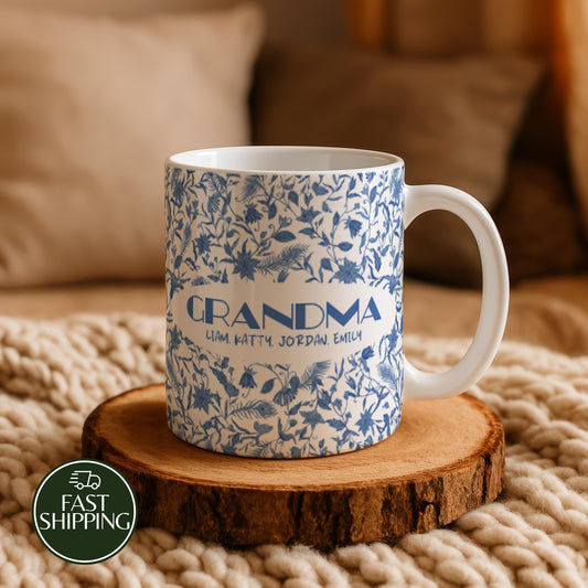 Toile de Jouy Pattern Grandmother Coffee Mug, Personalized Blue Floral Cup with Grandkids Names