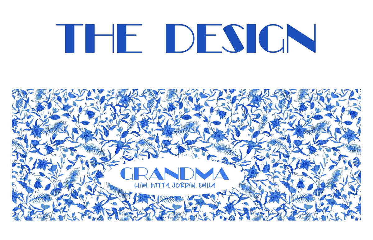 Toile de Jouy Pattern Grandmother Coffee Mug, Personalized Blue Floral Cup with Grandkids Names