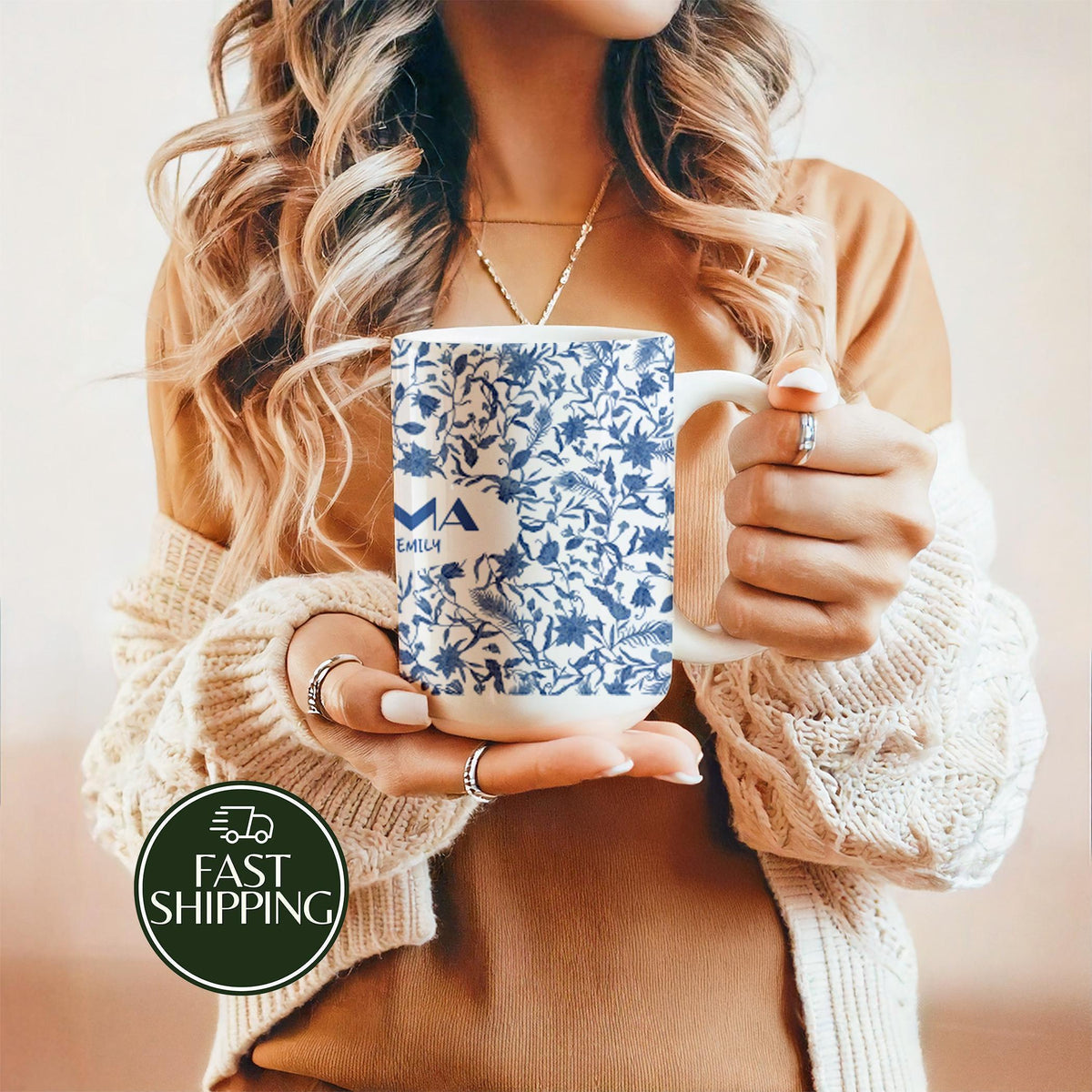 Toile de Jouy Pattern Grandmother Coffee Mug, Personalized Blue Floral Cup with Grandkids Names