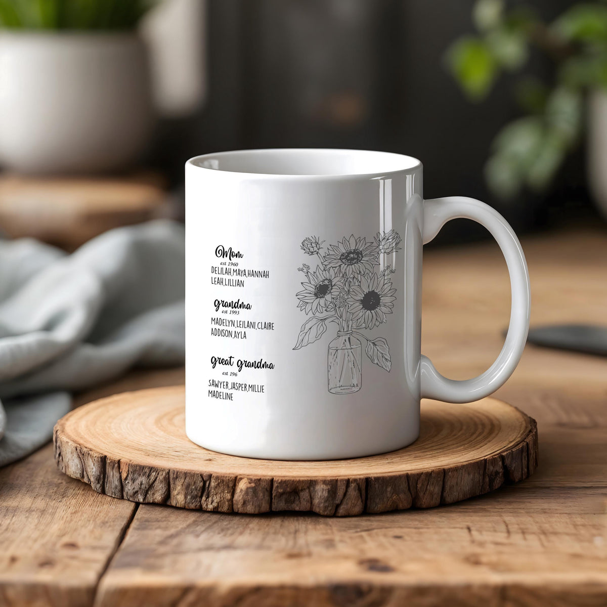 Customizable Great Grandma Ceramic Tea Cup, Sunflower Theme Generations Mug, Floral Coffee Mug