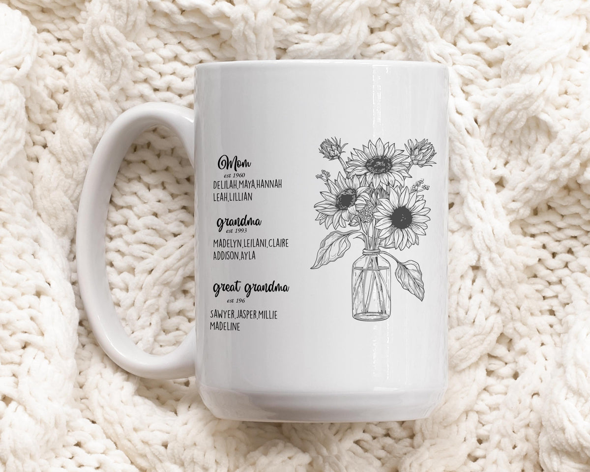 Customizable Great Grandma Ceramic Tea Cup, Sunflower Theme Generations Mug, Floral Coffee Mug