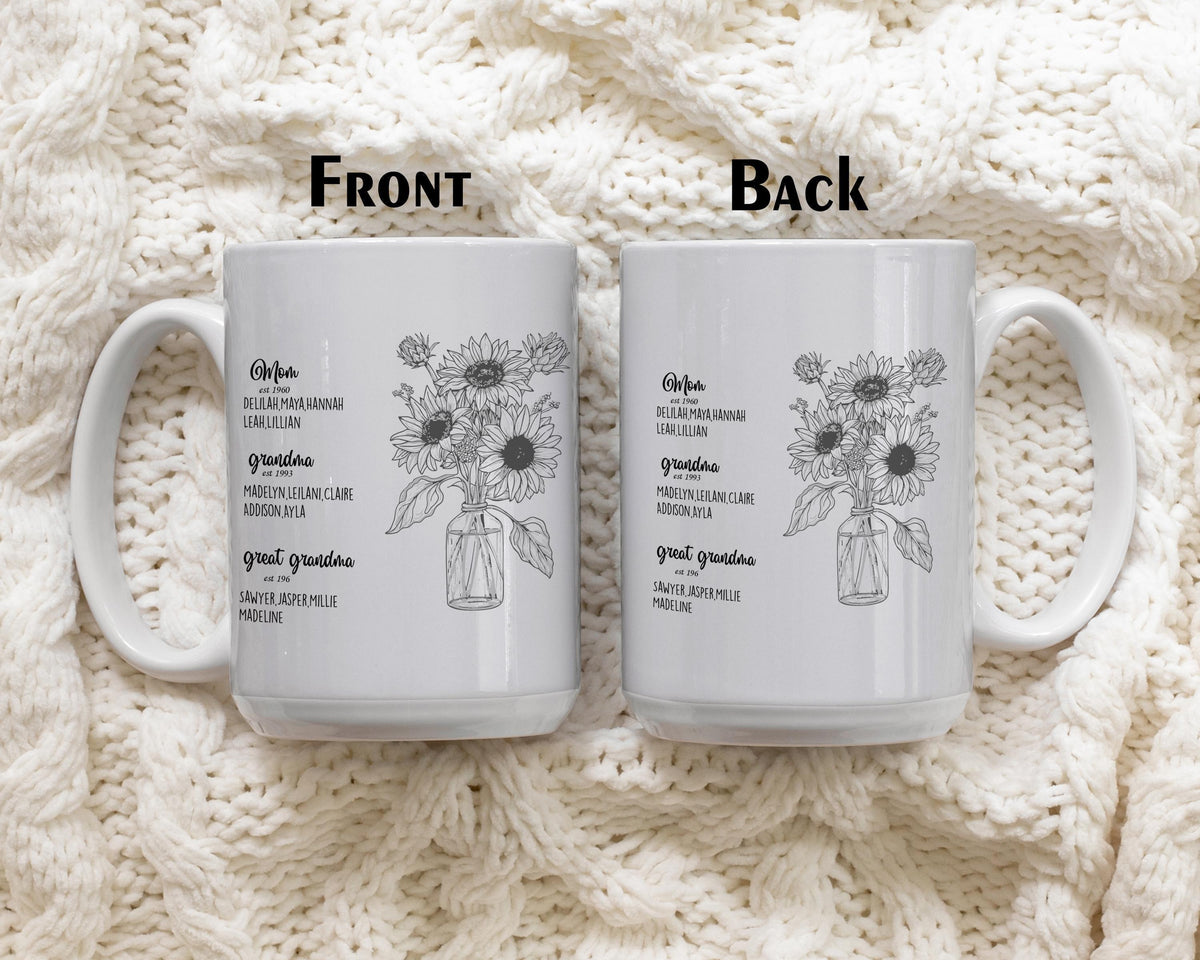 Customizable Great Grandma Ceramic Tea Cup, Sunflower Theme Generations Mug, Floral Coffee Mug