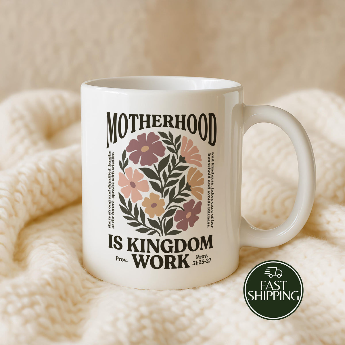 Floral Motherhood Is Kingdom Work Coffee Mug, Retro Christian Mom Bible Verse Cup