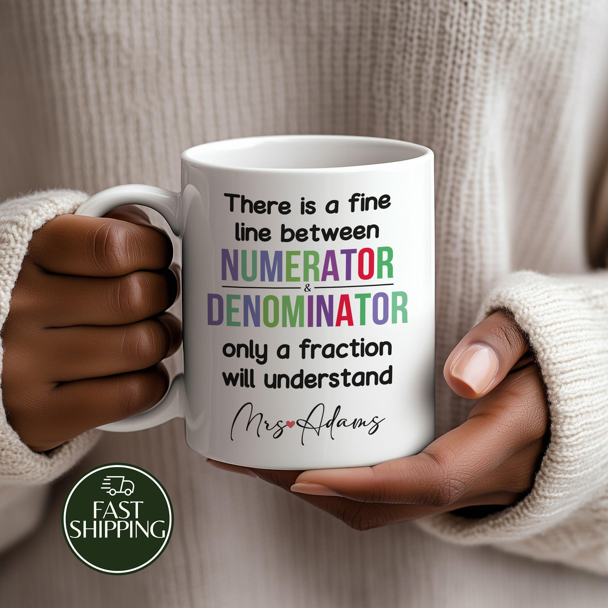 Custom Name Math Teacher Cup, Numerator And Denominator Coffee Mug