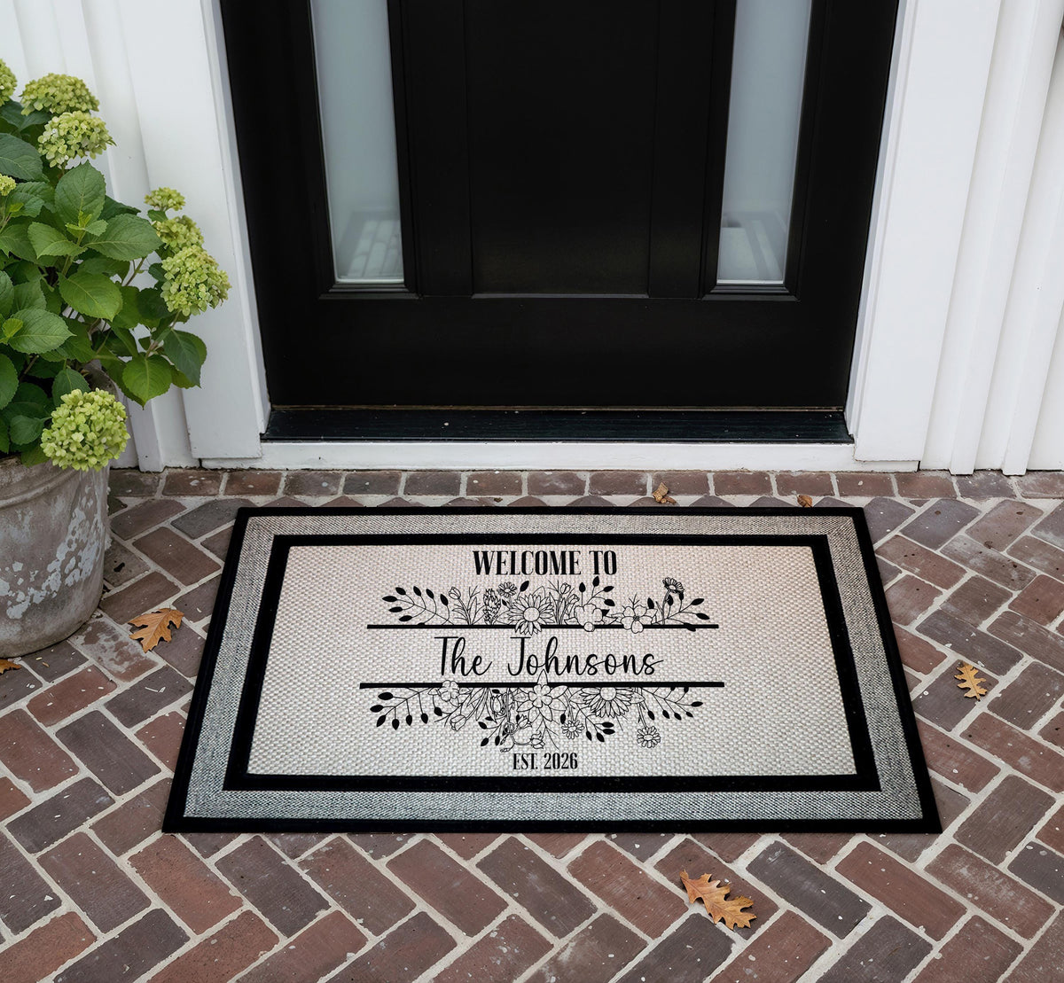 Custom Floral Family Name Doormat, Line Art Welcome Mat, Elegant Housewarming Gift