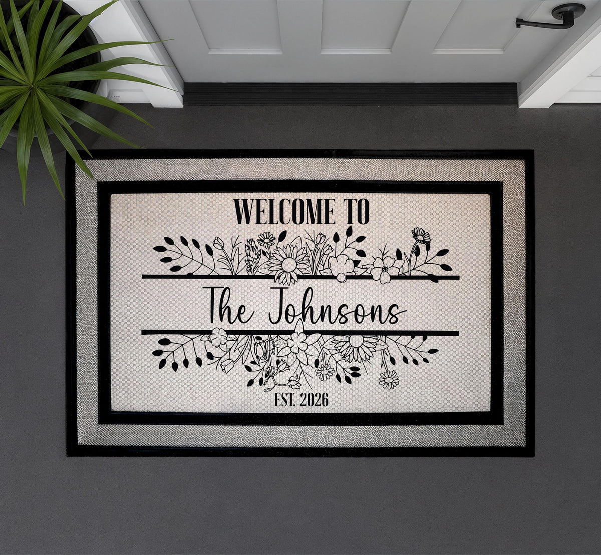 Custom Floral Family Name Doormat, Line Art Welcome Mat, Elegant Housewarming Gift