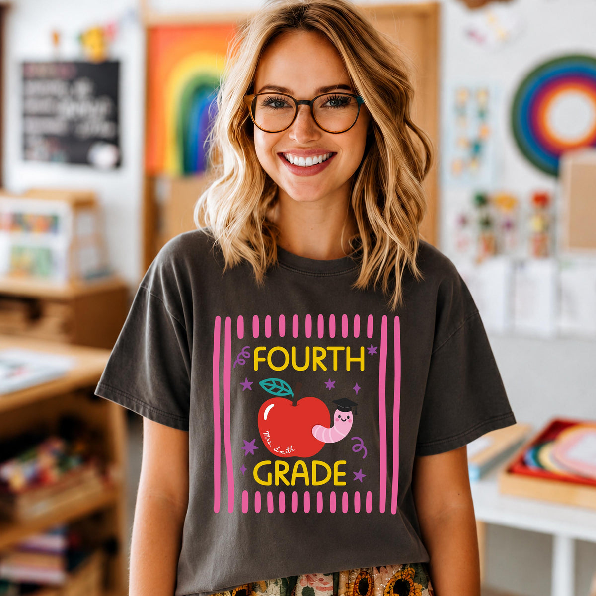 Striped Apple Comfort Colors® Shirt, Grade Level Teacher Tee, Teacher Team Gifts
