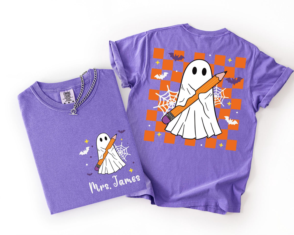 Custom Halloween Teacher Comfort Colors® T-Shirt, Teacher Ghost Tee, Spooky Season Teacher Gift