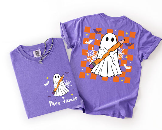 Custom Halloween Teacher Comfort Colors® T-Shirt, Teacher Ghost Tee, Spooky Season Teacher Gift