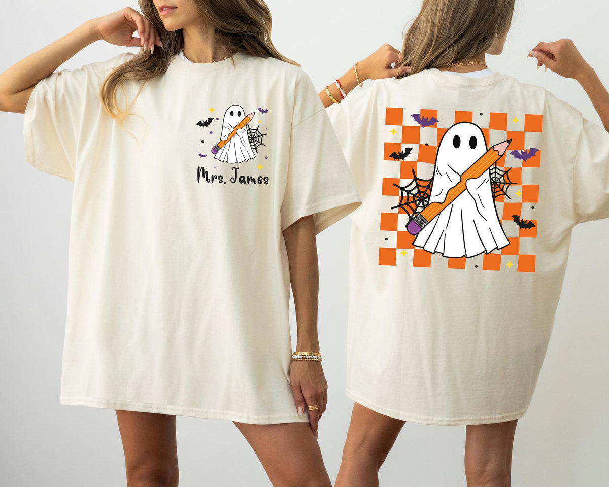 Custom Halloween Teacher Comfort Colors® T-Shirt, Teacher Ghost Tee, Spooky Season Teacher Gift