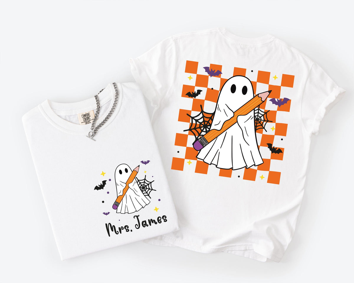 Custom Halloween Teacher Comfort Colors® T-Shirt, Teacher Ghost Tee, Spooky Season Teacher Gift