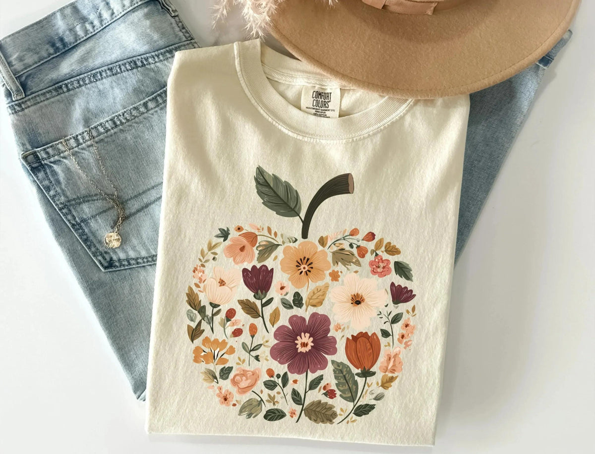 Teacher Fall Comfort Colors® T-Shirt, Floral Apple Teacher Tee, Back to School Gift Tees