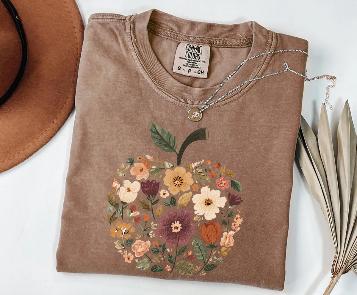 Teacher Fall Comfort Colors® T-Shirt, Floral Apple Teacher Tee, Back to School Gift Tees