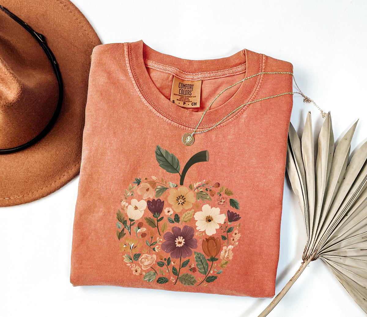 Teacher Fall Comfort Colors® T-Shirt, Floral Apple Teacher Tee, Back to School Gift Tees