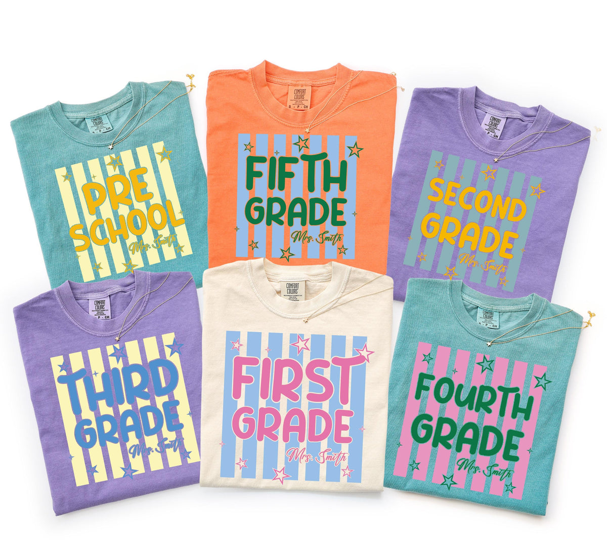 Custom Teacher Comfort Colors® Shirt, Striped Grade Level Teacher Tee, Teacher Crew Gifts