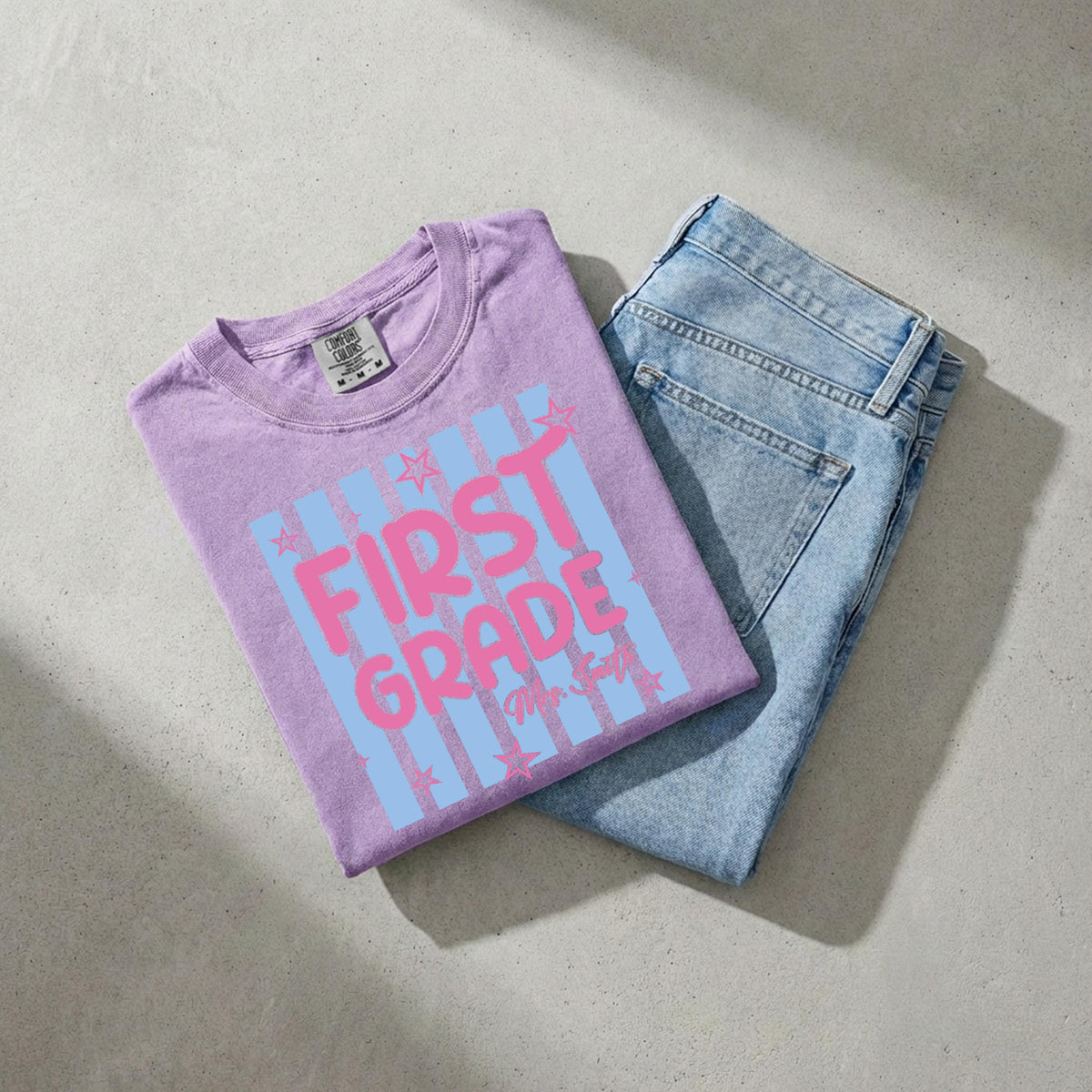 Custom Teacher Comfort Colors® Shirt, Striped Grade Level Teacher Tee, Teacher Crew Gifts