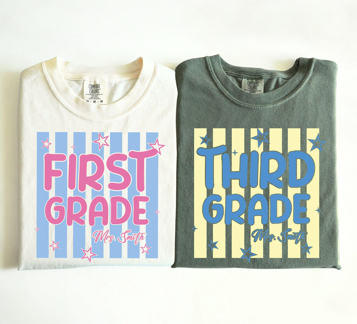 Custom Teacher Comfort Colors® Shirt, Striped Grade Level Teacher Tee, Teacher Crew Gifts