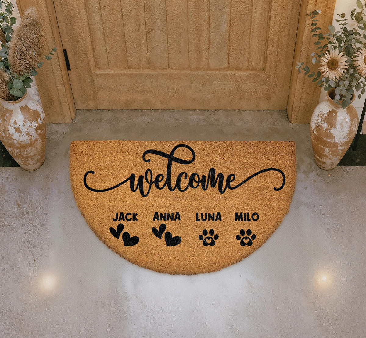 Personalized Pet Family Welcome Mat, Custom Names, Farmhouse Porch Decor, Realtor Gift